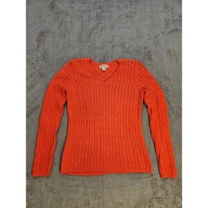 St Johns Bay Classic Cable Knit V-Neck Sweater Orange Small Long Sleeve
